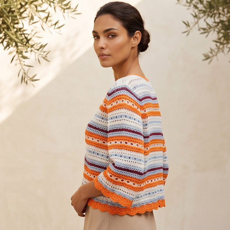 Women crocheted short jacket with shell hem, 3/4 sleeves & fine lace pattern Amarae