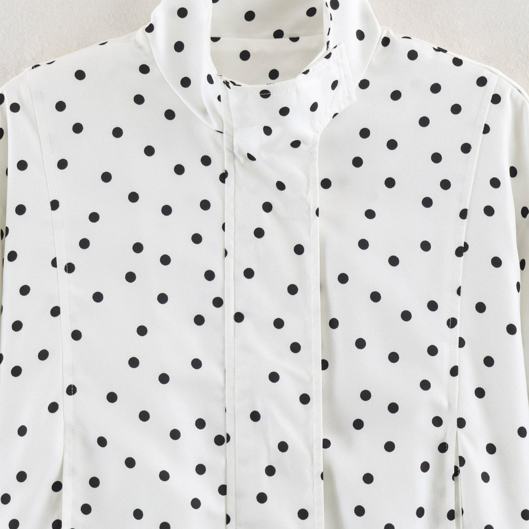 Women's Polka Dot Cropped Blouse with Stand Collar and Concealed Button Placket Amarae