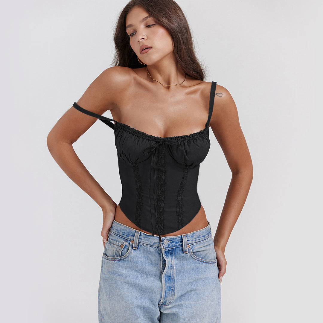 Ladies corset top with ruffle details and adjustable straps Lune London