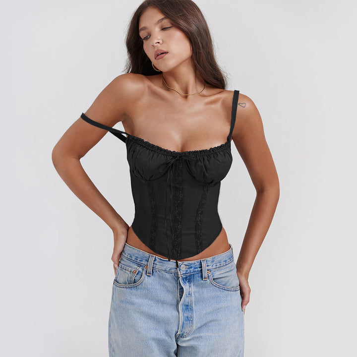 Ladies corset top with ruffle details and adjustable straps Lune London