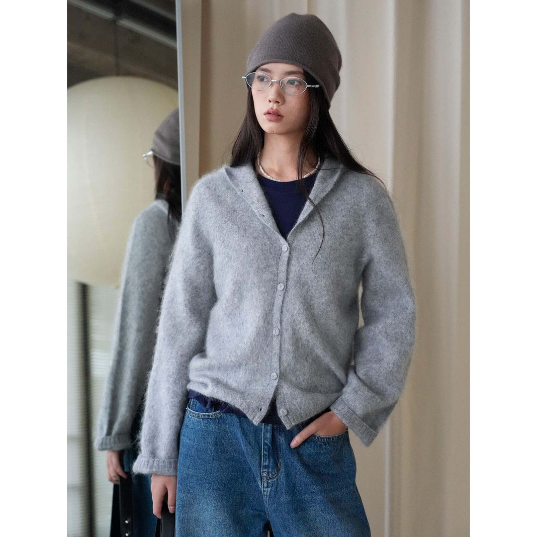 Women Soft Mohair Blend Hooded Button Cardigan with Relaxed Fit Amarae