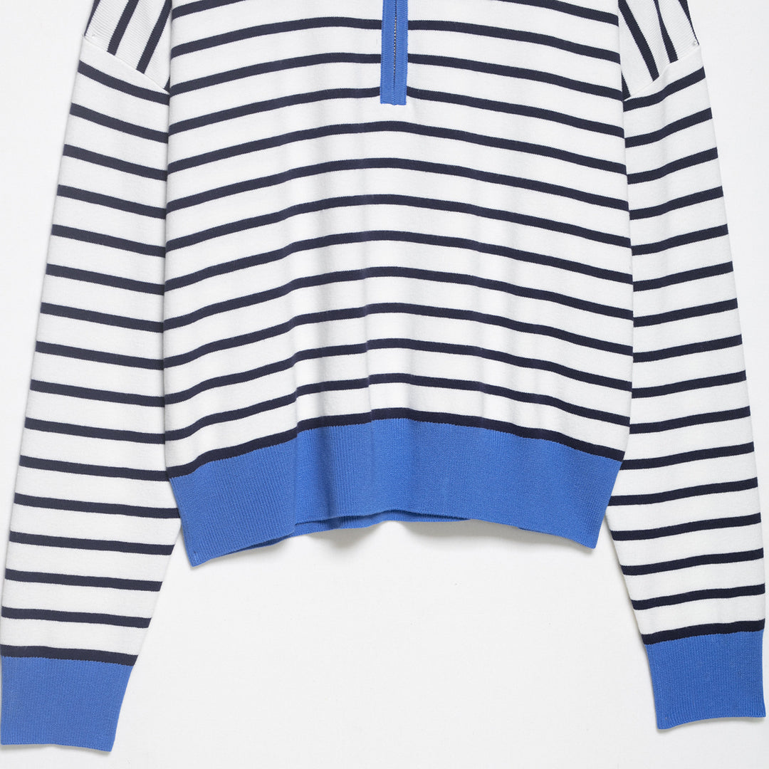 Women's Striped Cropped Knit Polo with Half Zipper and Wide Ribbed Cuff Amarae