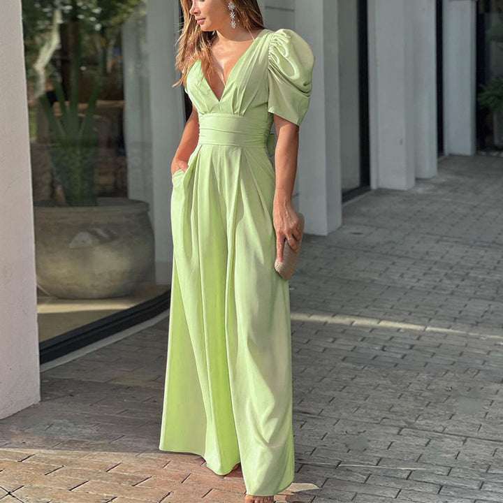Ladies Elegant Puff Sleeve V Neck Chic and Stylish Jumpsuit