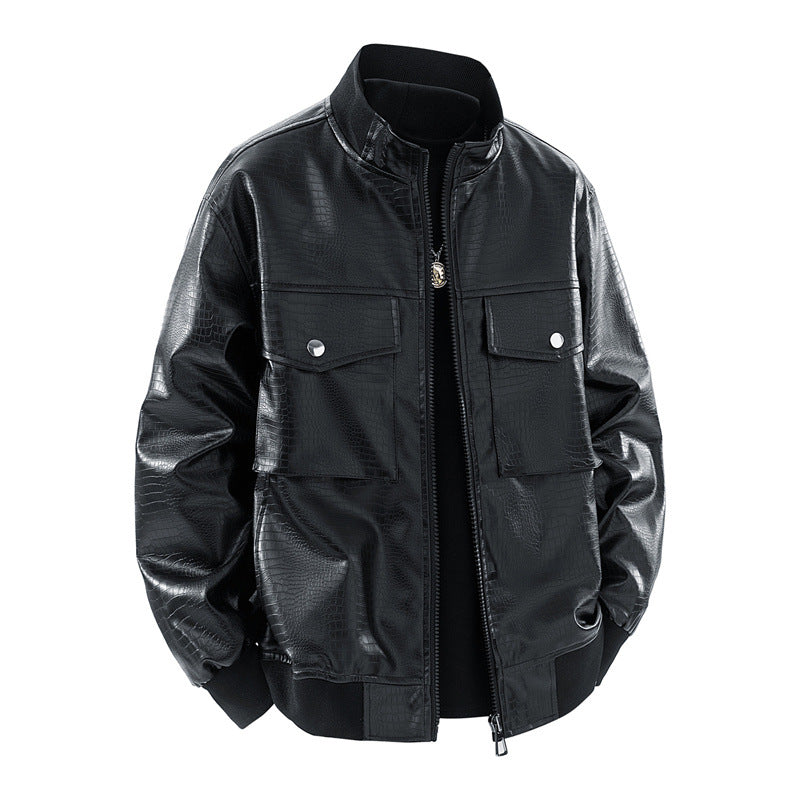 Men's faux leather bomber jacket with textured design and practical pockets Lune London