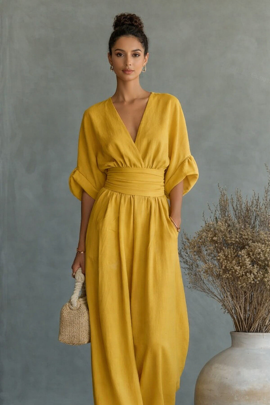 Women Wide Cut Jumpsuit with Elegant Draping and V-Neck Amarae