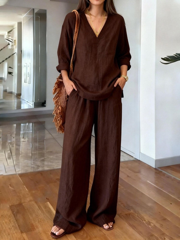 Women's Casual Linen Top and Wide Palazzo Pants Set Chic & Stil