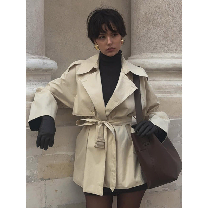Women's Short Tailored Trench with Cape Overcoat and Tie Belt Amarae
