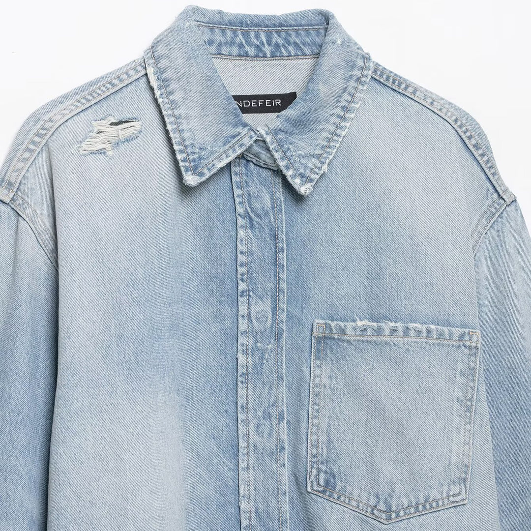 Women's Cropped Denim Jacket in Used-Look with Frayed Hem and Oversized Sleeves Amarae