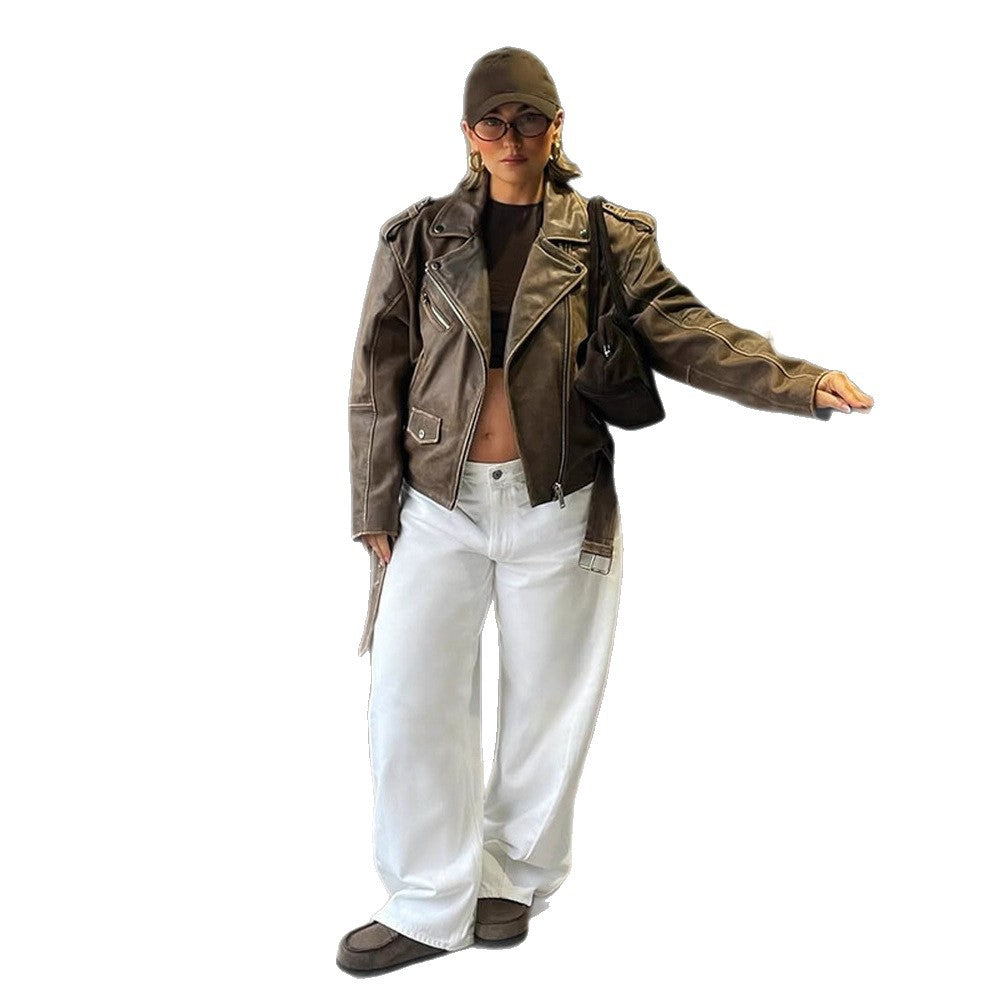 Women Suede-Look Biker Jacket with Shoulder Flaps and Asymmetrical Zipper Amarae