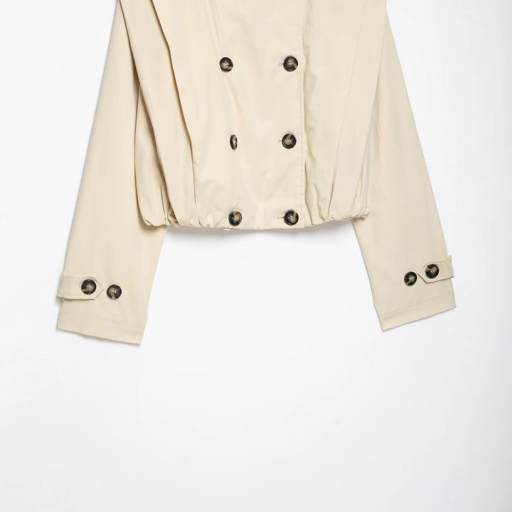 Women's Cropped Trench Coat in Cape Look with Double-Breasted Button Placket and High Stand Collar Amarae