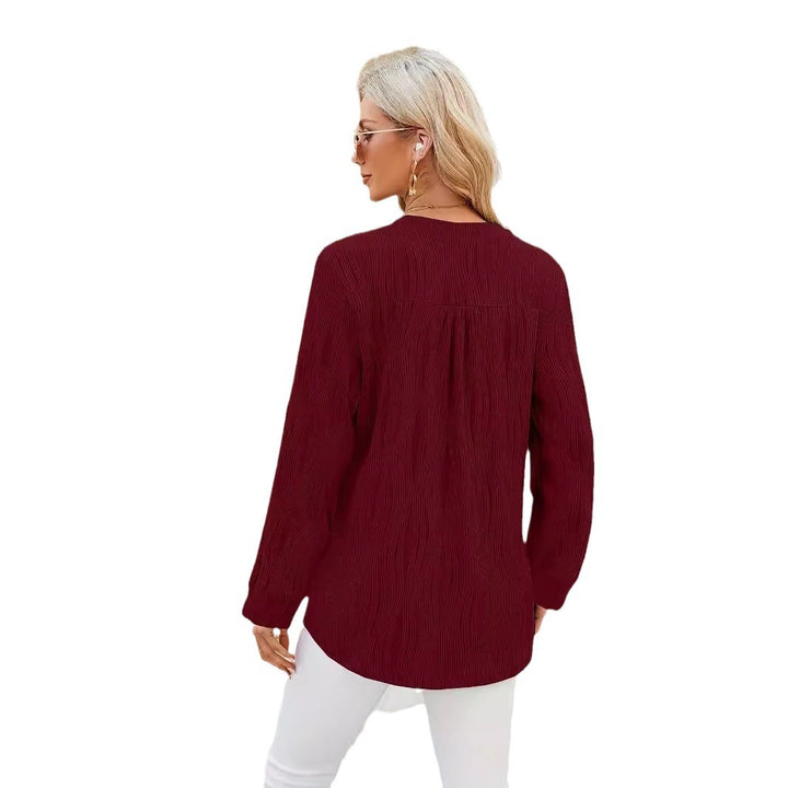 Ladies Elegant Long Sleeve Blouse with Fine Ribbed Structure and Chic Side Slits and Style