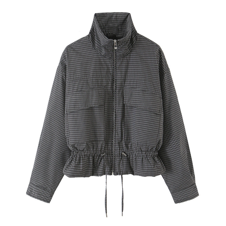 Women’s short jacket in checkered utility bomber with high stand collar and drawstring waist Amarae