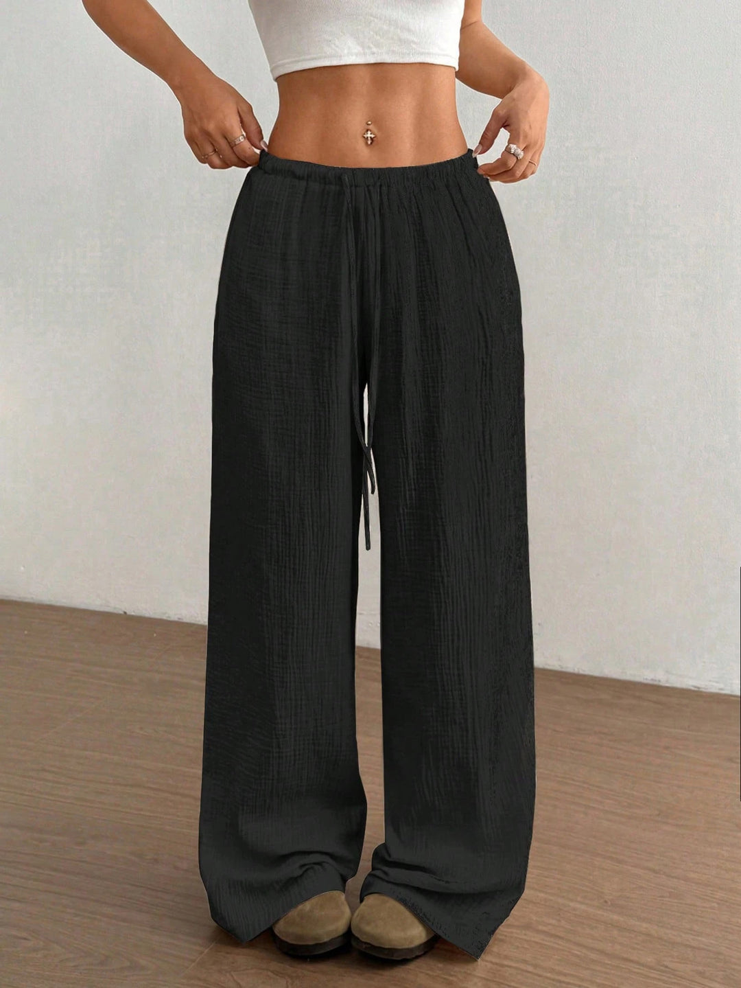 Women Lightweight Linen Look Pants with Wide Leg, Elastic Waistband and Drawstring Amarae