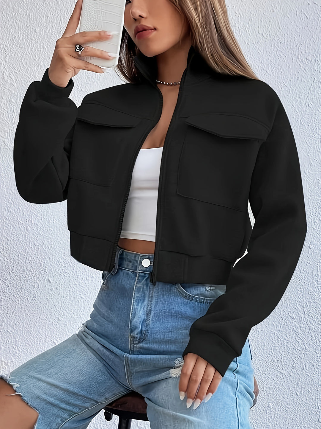 Fashion short jacket for women with practical applied pockets and sporty cut Lune London