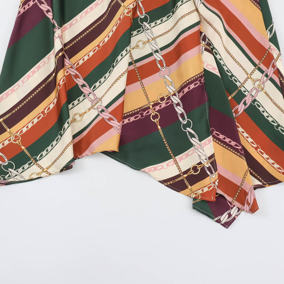 Women's Asymmetric Midi Skirt with Chain Print and Flowing Satin Look Amarae