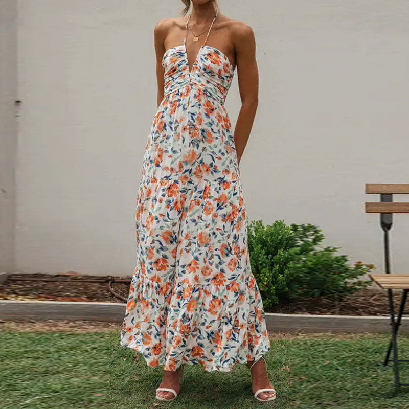 Robe maxi femme avec décolleté en V profond et gathering romantique Chic & Stil