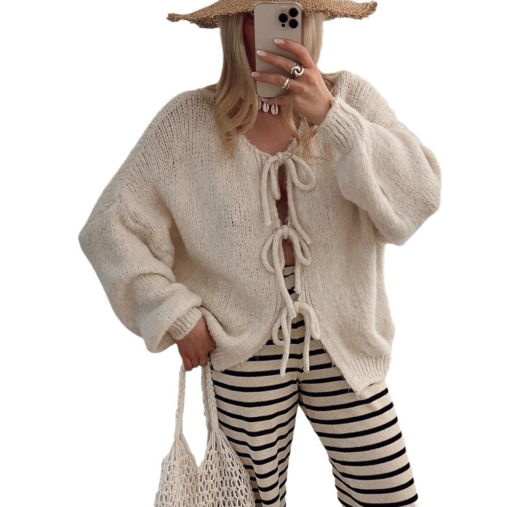 Ladies knitted mid-calf cardigan with drawstring Lune London