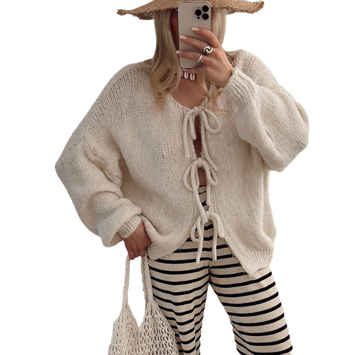 Ladies knitted mid-calf cardigan with drawstring Lune London