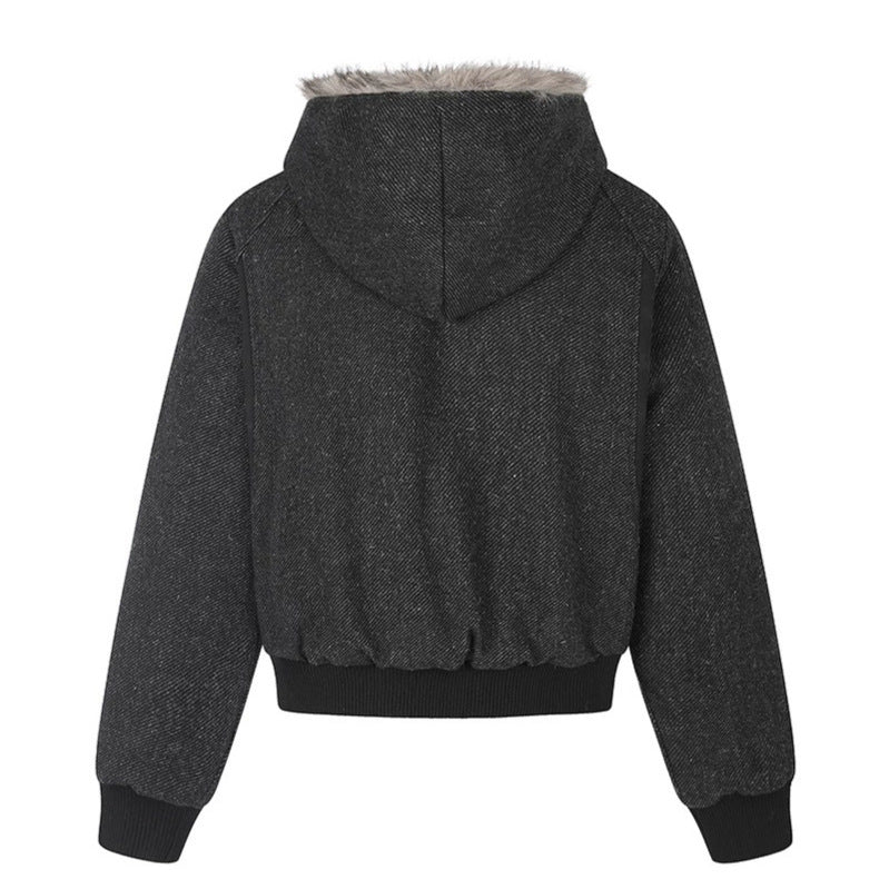 Women's hooded bomber jacket with faux fur lining, asymmetrical multi-button placket, and ribbed hem Amarae
