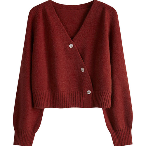 Ladies cozy short knit sweater with deep V-neck and large buttons Amarae