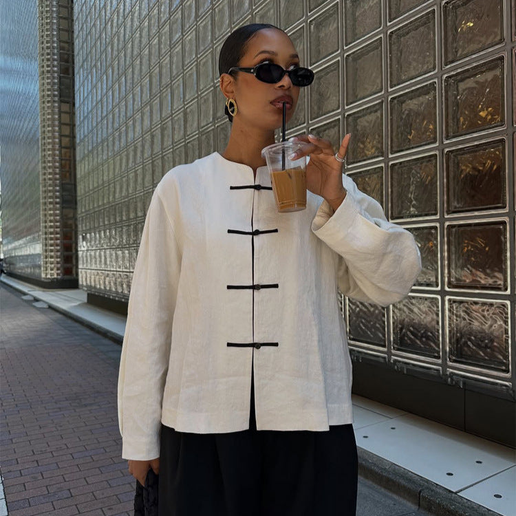 Women's Boxy Linen Blouse with Toggle Closures and Asymmetric Hem Amarae