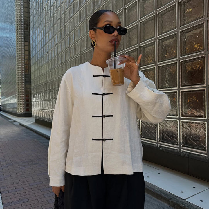Women's Boxy Linen Blouse with Toggle Closures and Asymmetric Hem Amarae