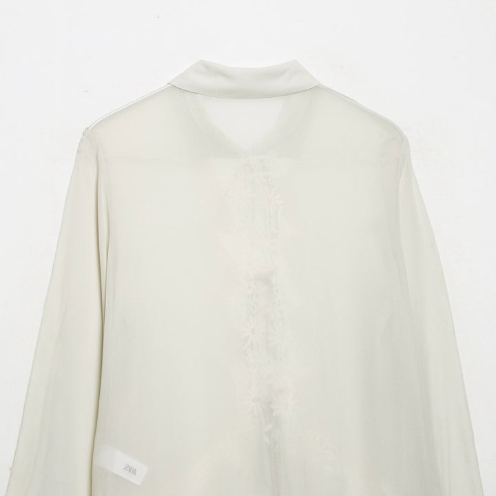 Women Romantic Chiffon Blouse with Lace Application, Ruffle Hem and Ties Amarae