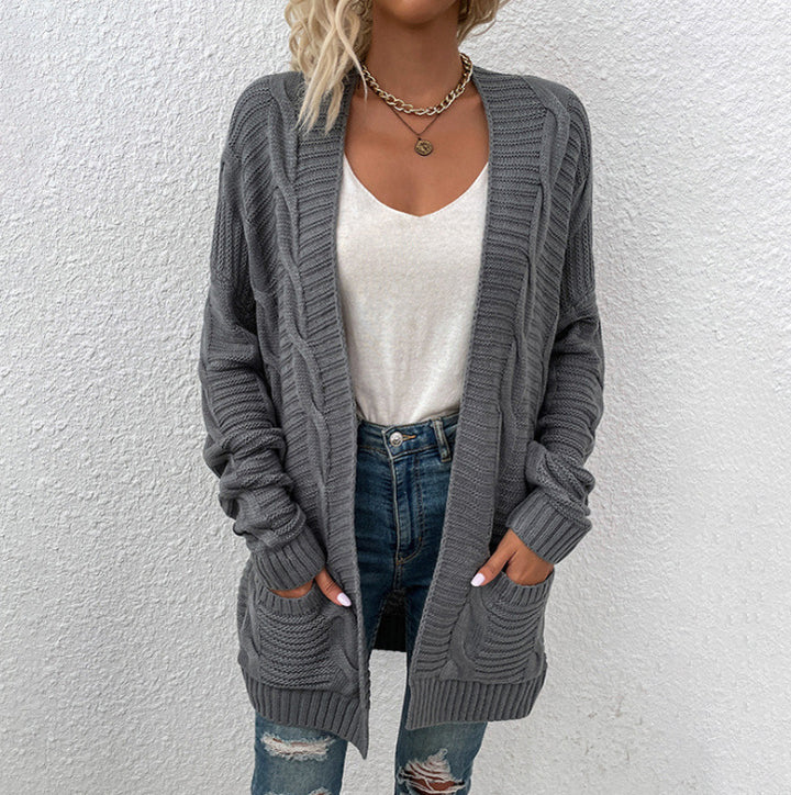 Thick knit cardigan for women with large pockets and structured design Lune London