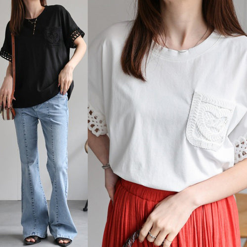 Amarae women's t-shirt with crochet lace and pockets