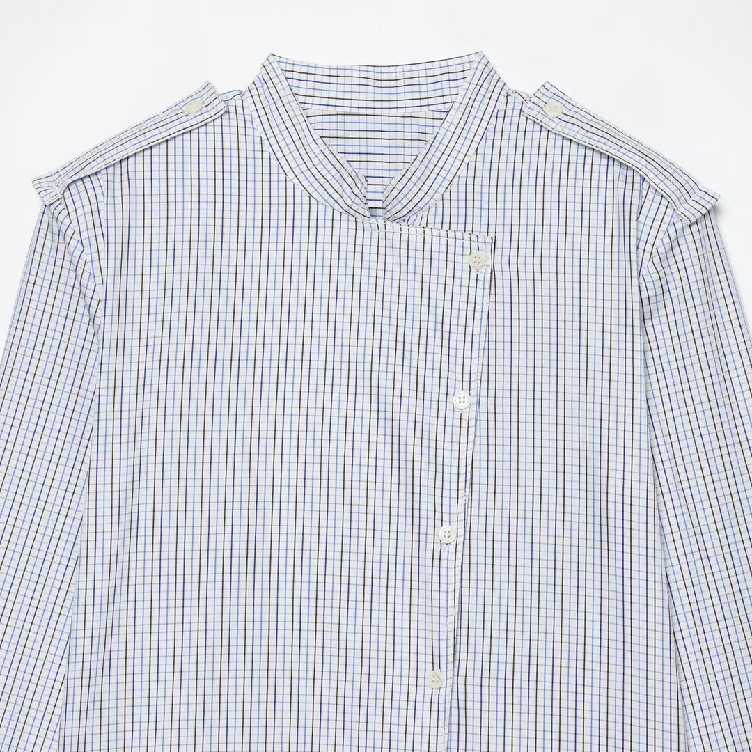 Women's Checkered Shirt with Stand Collar, Asymmetrical Button Placket and Shoulder Epaulettes Amarae