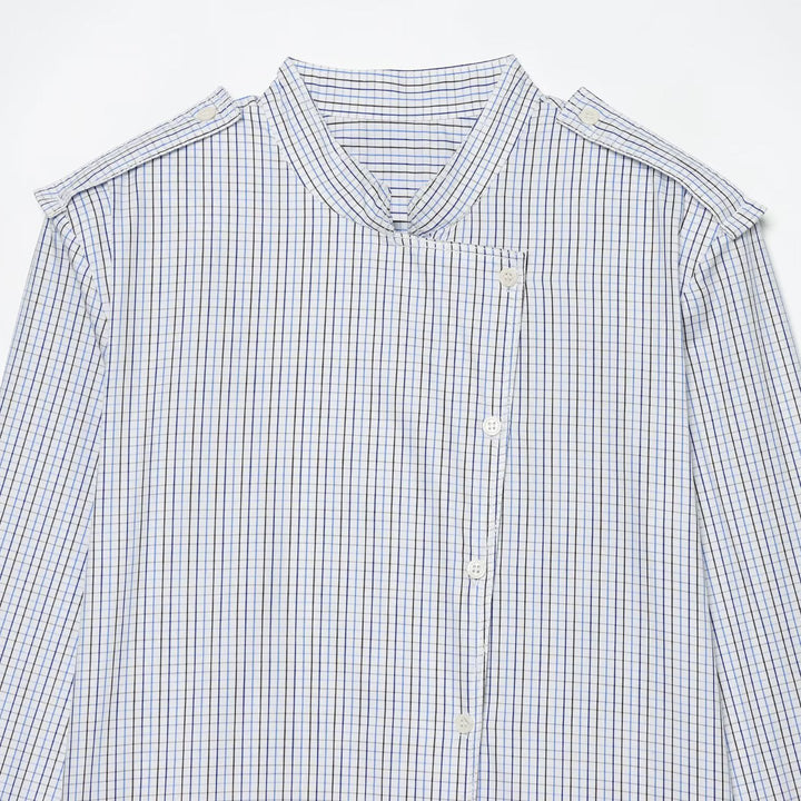 Women's Checkered Shirt with Stand Collar, Asymmetrical Button Placket and Shoulder Epaulettes Amarae