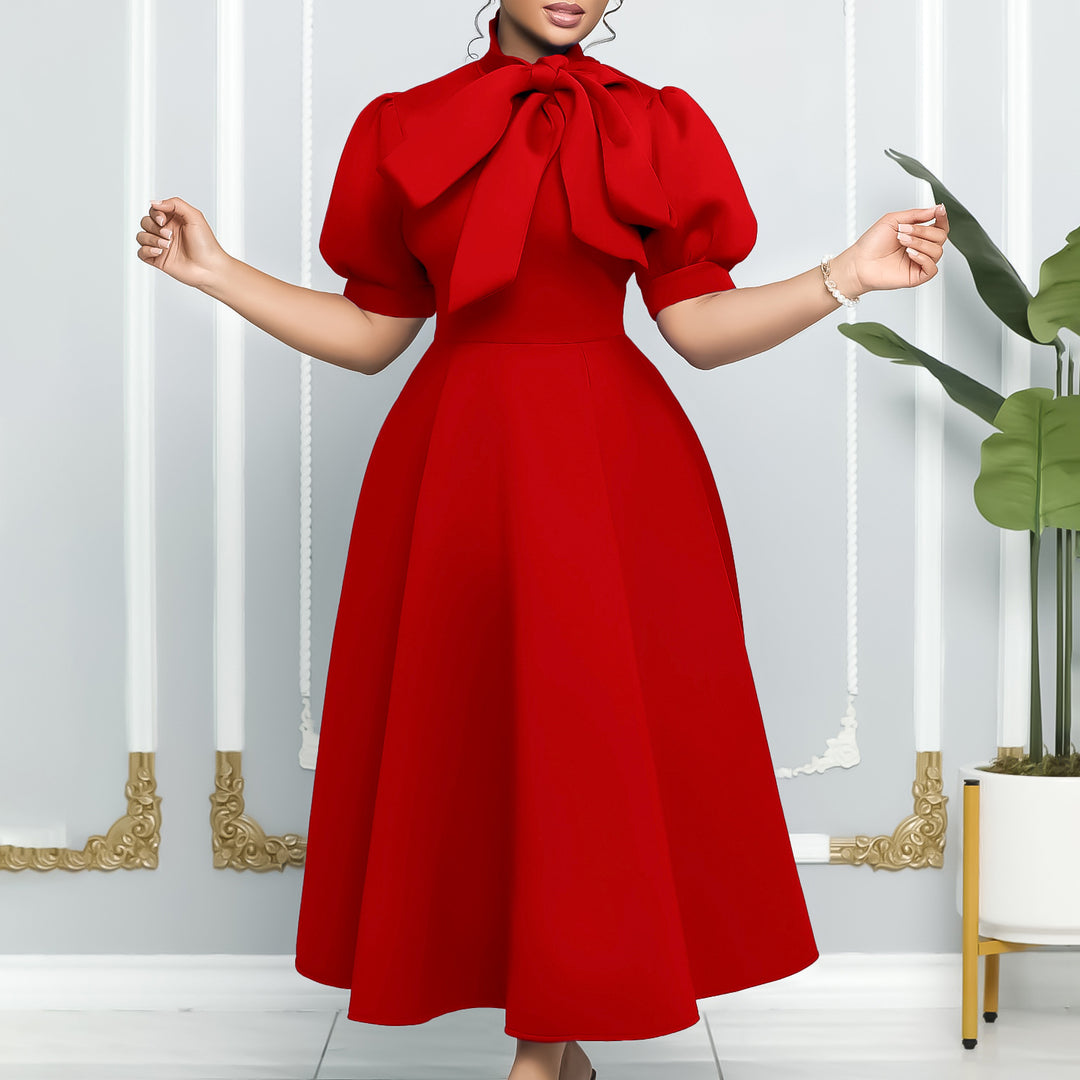 Midi dress for women with an elegant bow and puff sleeves Lune London