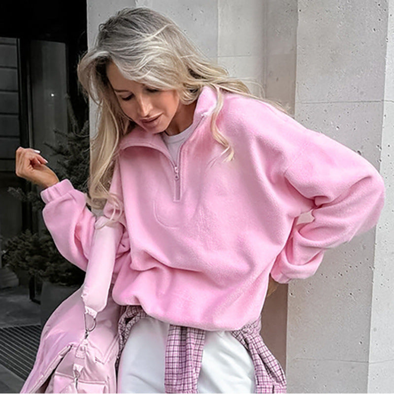 Women’s Oversized Fleece Pullover with Half Zipper and Stand-Up Collar Amarae