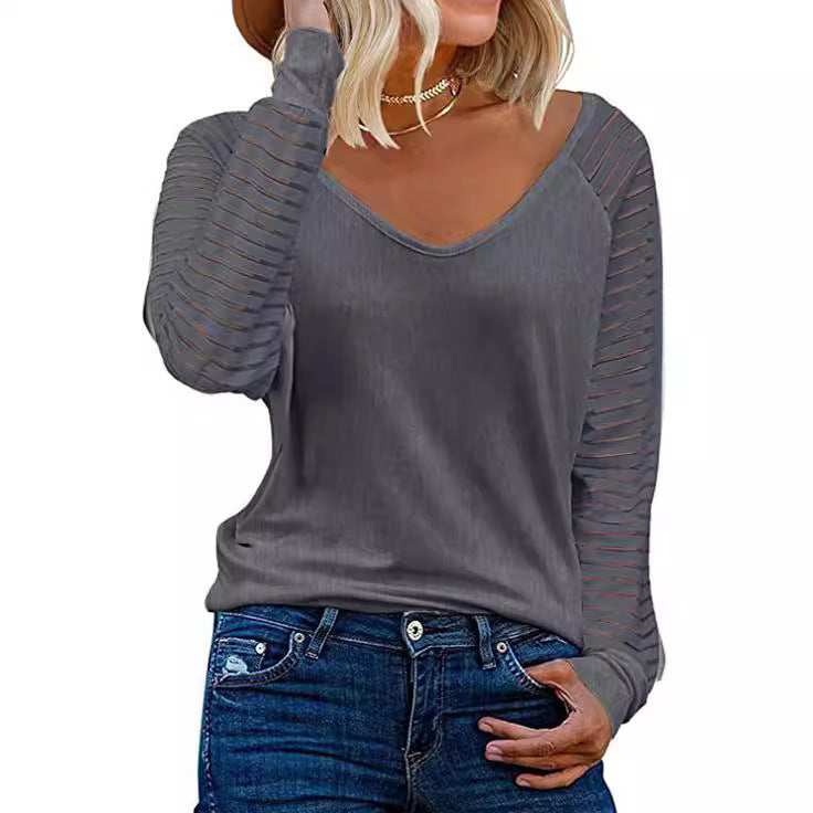 Woman V-neck top with transparent striped sleeves Lune London