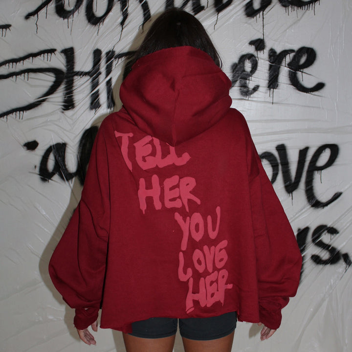 Ladies trendy oversized hoodie with graphic print and distressed details Lune London