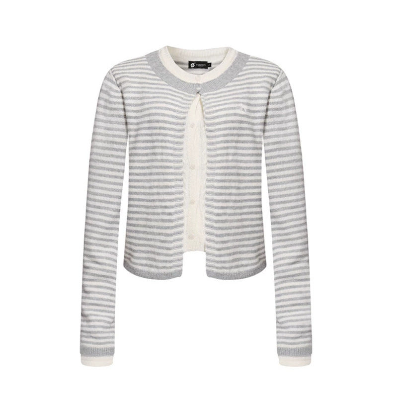 Women's Short Layered Cardigan with Round Neck and Fine Stripes Amarae