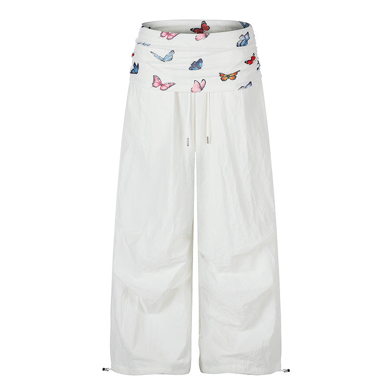 Women's Wide Palazzo Lounge Pants with Pleated Butterfly Waistband and Drawstring