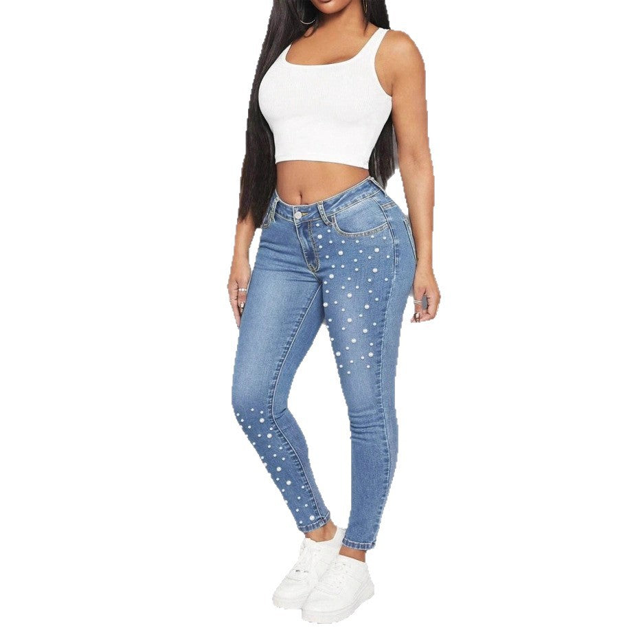 Women High-Waist Skinny Jeans with Pearl Application Amarae
