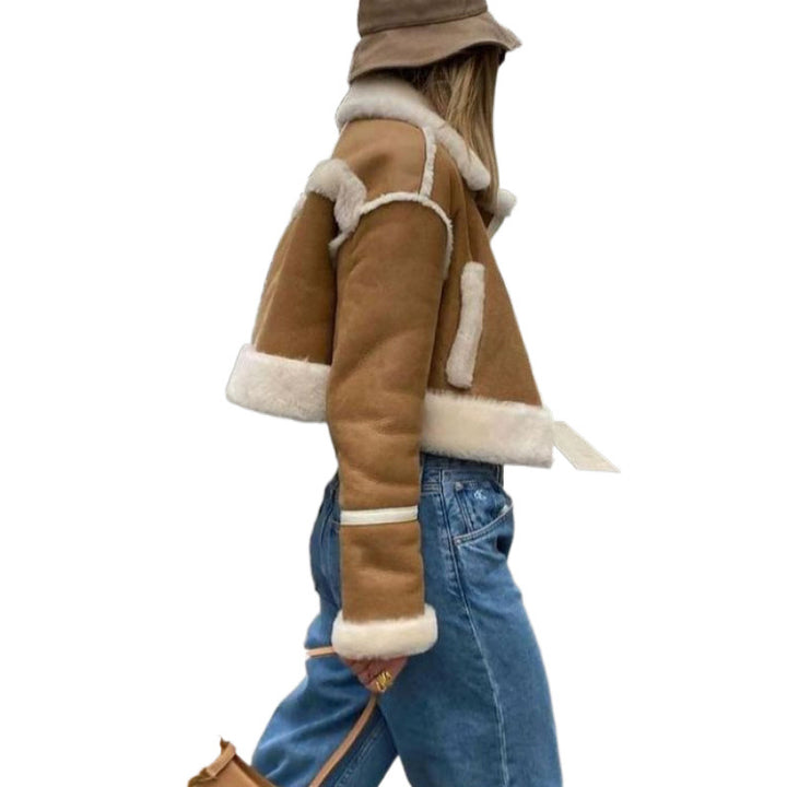 Short leather jacket for women with faux fur trim Lune London