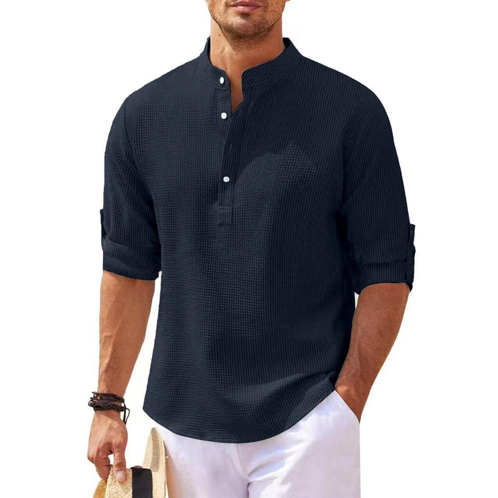 Men's Casual Long Sleeve Shirt with Stand-Up Collar and Ribbed Texture Lune London