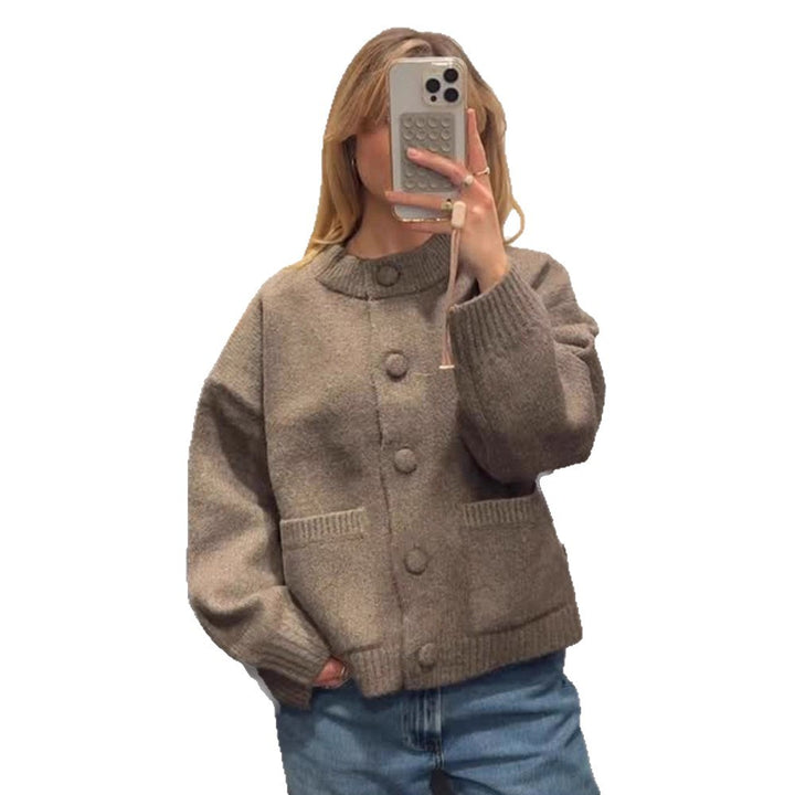Women's Chunky Knit Cropped Cardigan with Round Snap Buttons and Oversized Sleeves Amarae