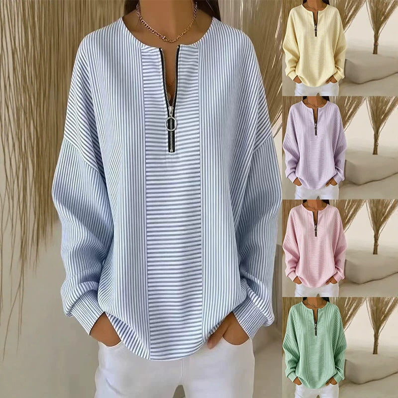Women's Oversize Sweater with fine rib structure and short zipper Amarae