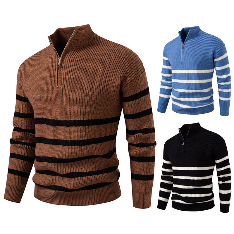 Men's wool sweater with modern half-zip closure and striped design Lune London