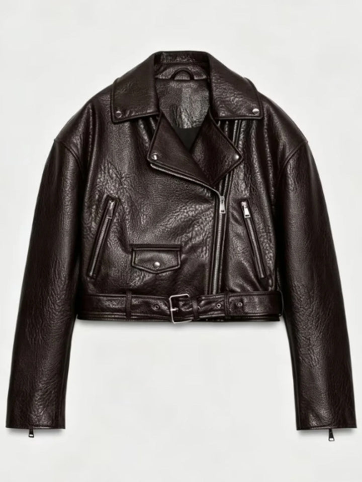 Women's short-cut biker jacket made of faux leather with a waist belt and asymmetrical zipper Amarae