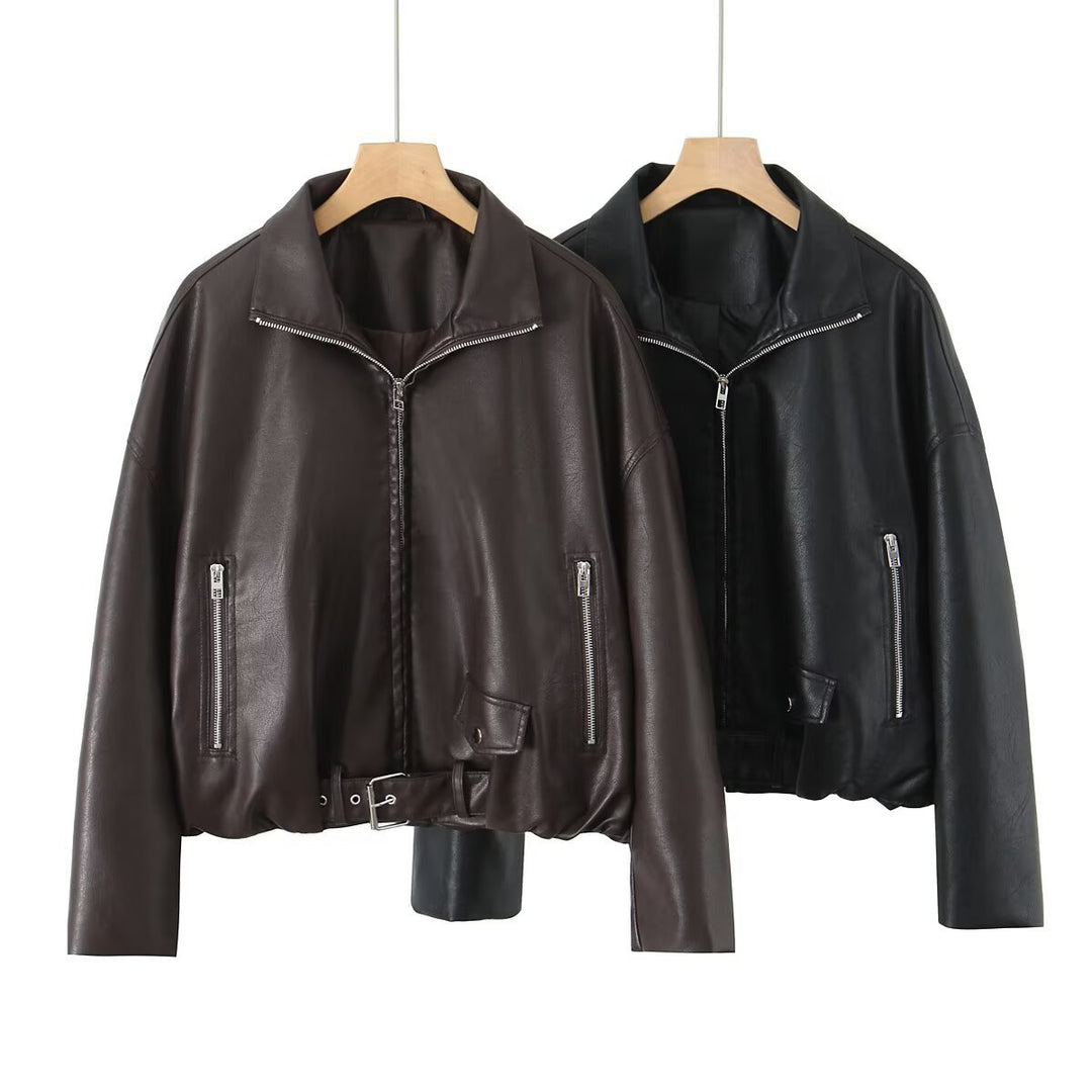 Veste en faux cuir pour femmes avec col montant et design unique Chic & Stil