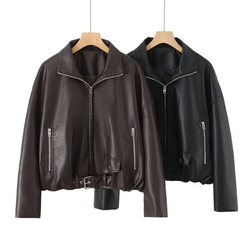 Veste en faux cuir pour femmes avec col montant et design unique Chic & Stil