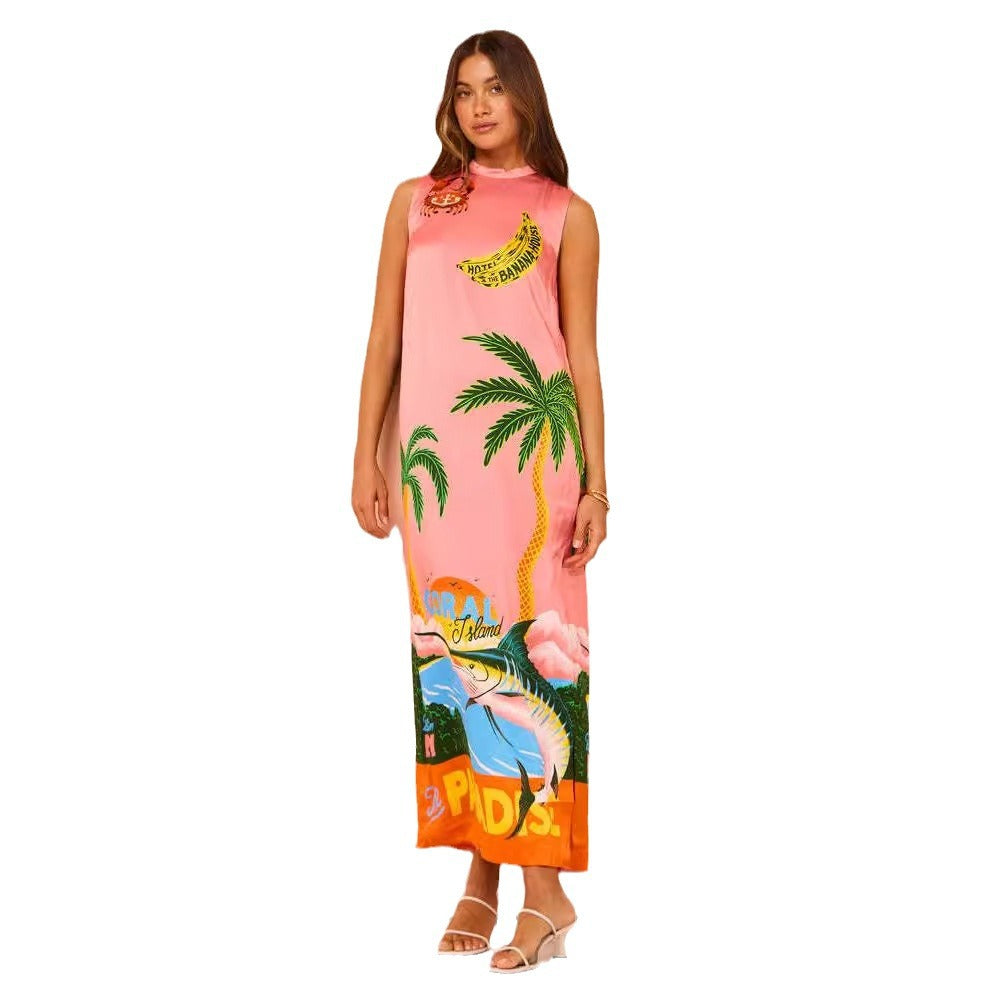 Women's maxi dress with colorful tropical print and casual cut