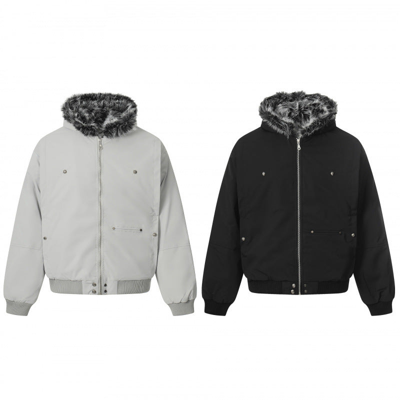 Unisex Short Boxy Bomber Jacket with Faux Fur Hood, Windproof Shell and Thermal Insulation Amarae