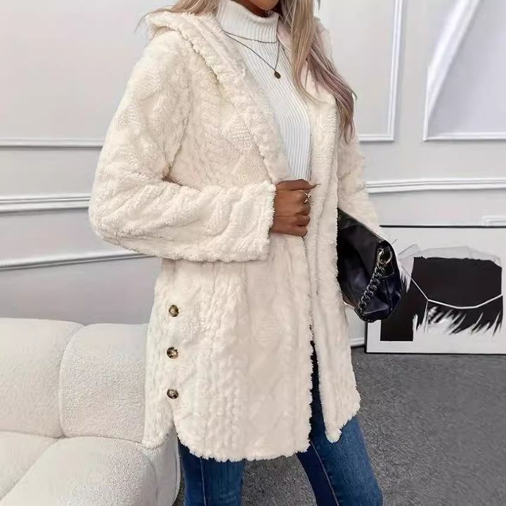 Women Plush Hooded Jacket with Decorative Button Details Amarae