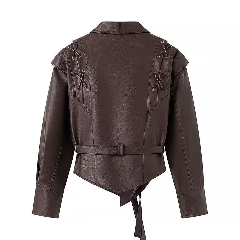 Ladies elegant faux leather jacket with adjustable belt and decorative lace details Lune London